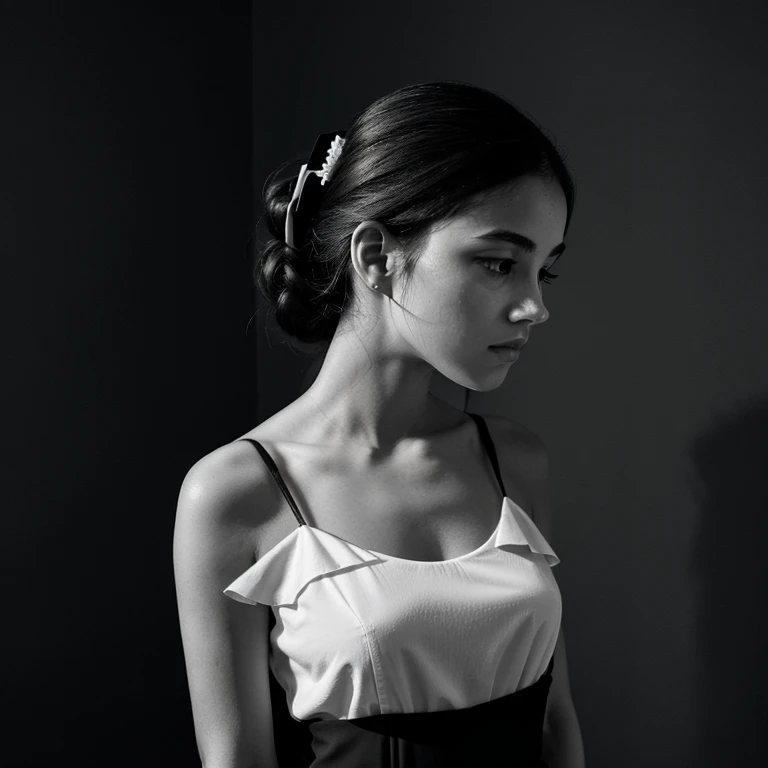 generete a photo titled "serene silhouette of a young woman" Composition and Framing:
The photograph features a (((monochromatic palette))), with shades of (black and white) dominating the scene.
The subject stands against a (((minimalistic backdrop))), de...