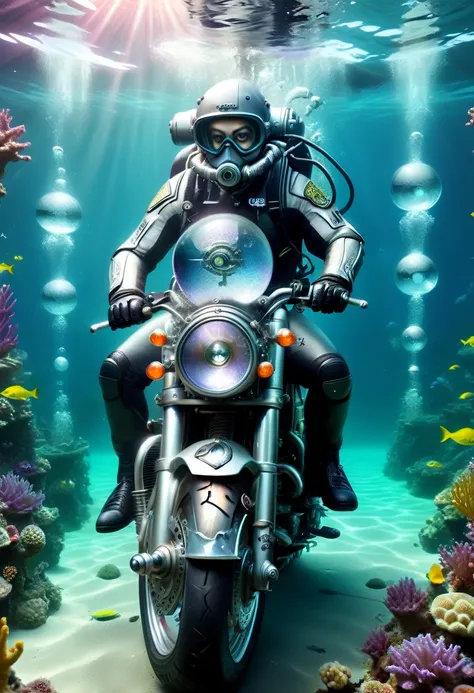 Underwater scene，(diving)，Amazing British Shorthair races on a motorcycle under the sea，(穿着diving服)，(Carrying an oxygen cylinder on his back)，Black tones，(Purple:0.5)，Rune Inlay, (lemon green:0.8) Glowing magic fog. wizardcoreai 