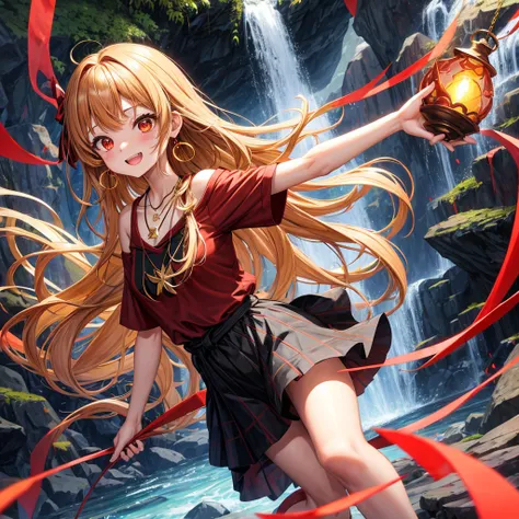 Brown, red, gold, golden hair、Red eyes、One good looking girl、solo、anime、Checkered mini skirt、Black camisole、Black T-shirt、hoodie、Wearing a ribbon、Ribbon on waist、Crystal Earrings、Gemstone Necklace、Light and shadow、Tilting face、Teeth are visible、waterfall、K...