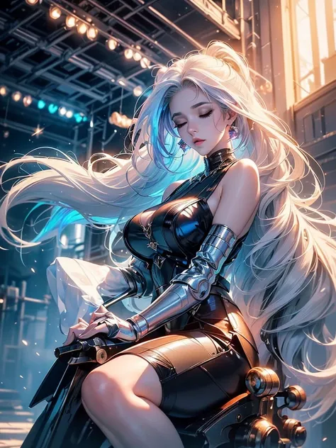 A super sexy woman with crossed legs (((playing the cello))), closed eyes with white eyelashes, enjoying the music, harmony, white hair, long sideburns, refined face, yellow lights at different heights, big ass, thick legs, { extremely detailed 16k CG unit...