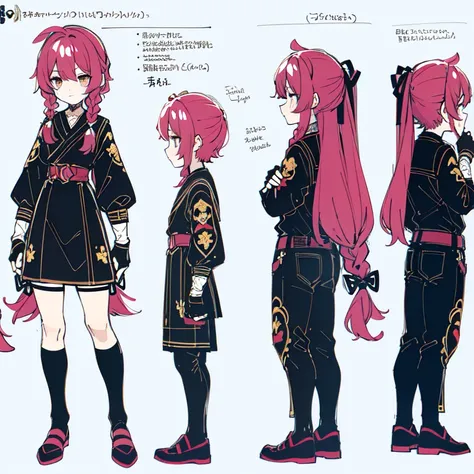 (Character Design Sheet, (((same character))), front, Side, back), 2D anime style, anime mo art style, 1 person, asexual, Pink hair, long bangs, thin twisted braid, golden eyes, Brilliant eyes, no clothes, Black limbs, cute art style, иллюстрация anime sty...