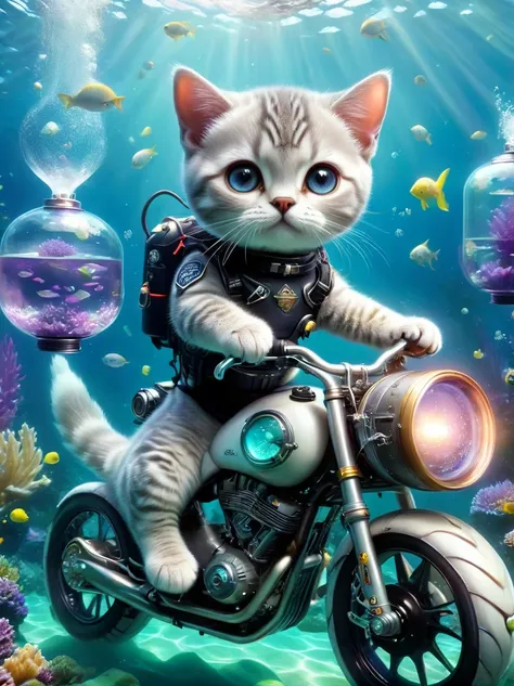 underwater scene，(diving)，british shorthair catdiving员，solo, (穿着diving服:1.5)，(carrying an oxygen cylinder on his back:1.5)，racin...