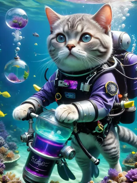 underwater scene，(diving)，british shorthair catdiving员，solo, (穿着diving服:1.5)，(carrying an oxygen cylinder on his back:1.5)，racin...