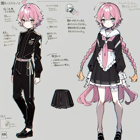 (character design sheet, (((same character))), front, side, back), 2d anime style, anime mo art style, 1 person, asexual, pink h...