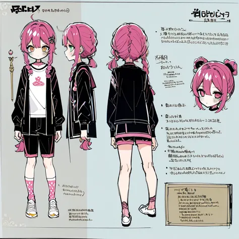 (Character Design Sheet, (((same character))), front, Side, back), 2D anime style, anime mo art style, 1 person, asexual, Pink hair, long bangs, thin twisted braid, golden eyes, Brilliant eyes, no clothes, Black limbs, cute art style, иллюстрация anime sty...