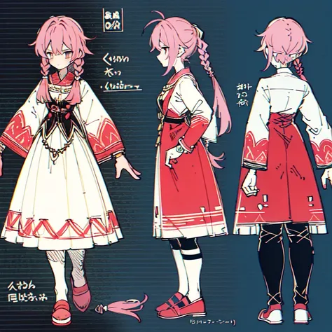 (Character Design Sheet, (((same character))), front, Side, back), 2D anime style, anime mo art style, 1 person, asexual, Pink hair, long bangs, thin twisted braid, golden eyes, Brilliant eyes, no clothes, Black limbs, cute art style, иллюстрация anime sty...