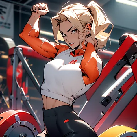 a woman flexing her muscles in a gym, trending on dribble, ash blond hair, roshan, an ai generated image, 985530902, flesh!, in the style of sifu 🔥 😎 🕹️ 👀 :2, trading card, 834779519, ash, within radiate connection, growth