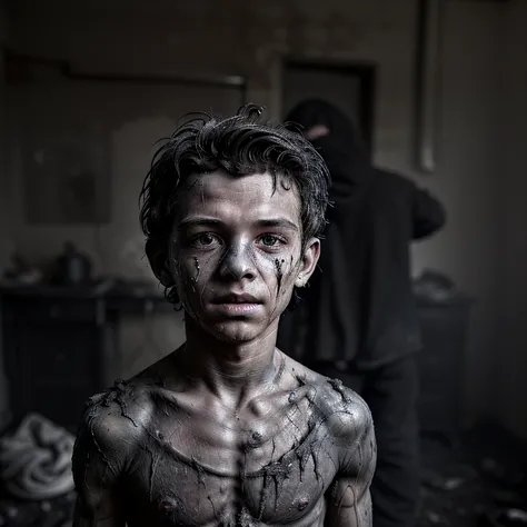 A boy in tatters, covered in soot, his clothes burned and his hair standing on end