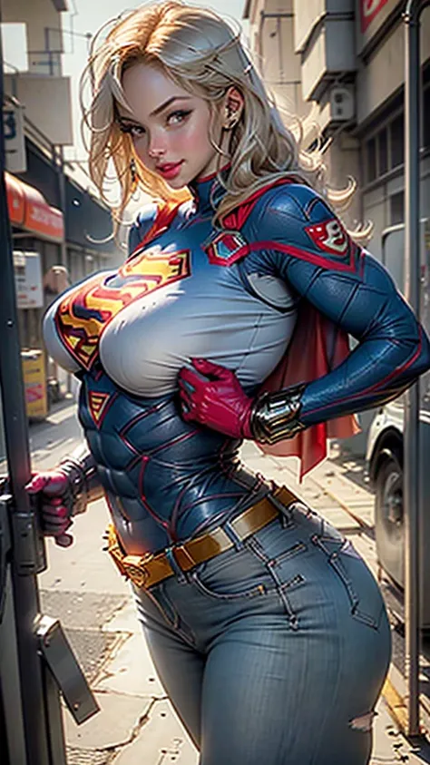 Supergirl corpo definido coxas grossas, short jeans, loira de olhos azuis, Superman S symbol on chest, rosto detalhado, linda, sorriso lindo. (chubby:1.2), (huge breasts:1.2),