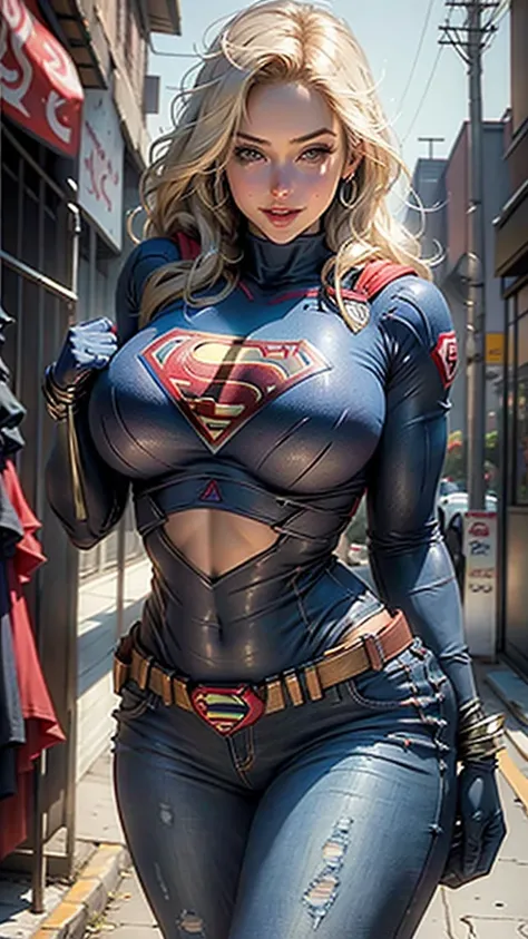 Supergirl corpo definido coxas grossas, short jeans, loira de olhos azuis, Superman S symbol on chest, rosto detalhado, linda, sorriso lindo. (chubby:1.2), (huge breasts:1.2),