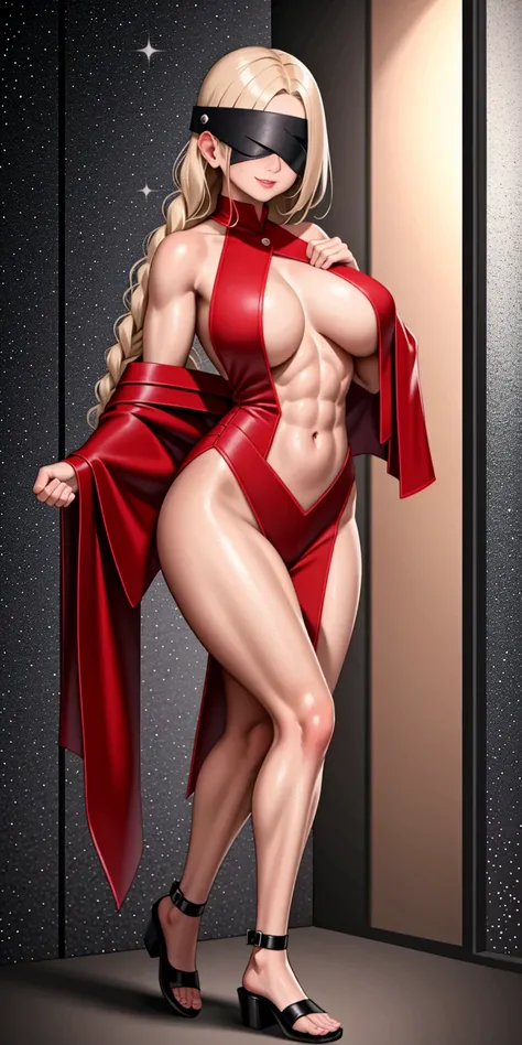 (masterpiece, HI quality: 1.1) 1girl full body standing good face, nice ass, hairstyle: braid, Color Hair: long hair, Blindfolded: NO EYES, Skin: White (porcelain skin, sparkly skin), muscular, thighs, Mature woman, Abs, looks at the viewer smiling, extrem...