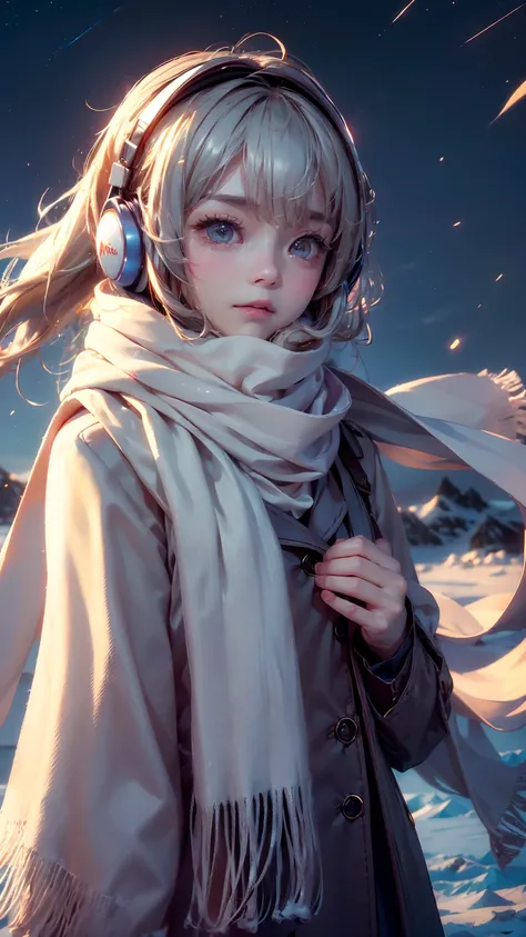 ((Hair blowing in the wind、Wearing headphones、No makeup:1.2))、(Realistic、Photorealistic、Very detailed、Best detailed skins、highest quality、masterpiece、超A high resolution)、Cute Russian Women、14 years、high school girl、Young girl、1 girl、Has bangs、Ash Blonde:1....