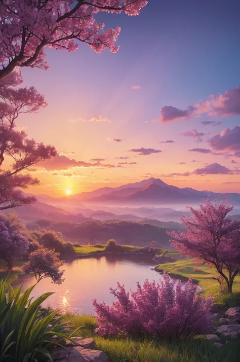 highest quality、Landscape painting、Beautiful sunset、Sunset、Lilac sky、dim、sentimental