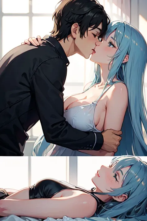 A girl with light blue long hair kiss her husband