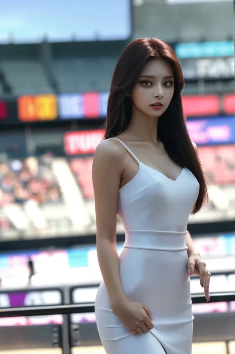 Tzuyu 1, woman, (Realistic), (Hyperrealism), (photoRealistic), Depth of written boundary, eye make up:0.7 (whole body:1.2), (Tight waist), Watching the audience,at the racing track, Race Queen, Sexy dress with open shoulders and chest