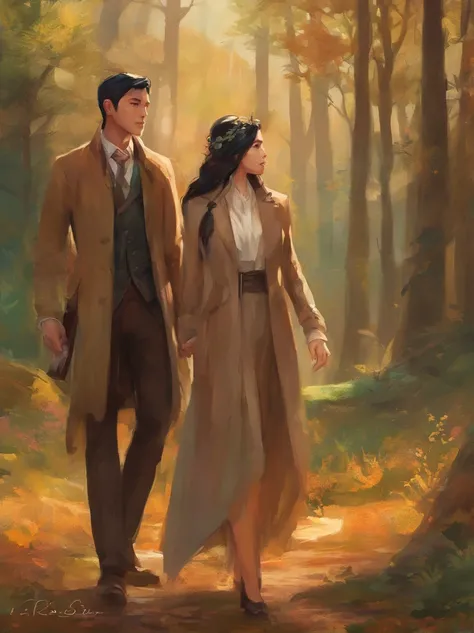 man and woman in a brown jacket and tie standing in a field, wearing a worn out brown suit, trench coat and suit, in front of a forest background, well - dressed, handsome chad chin, profile picture, well dressed, joongwon charles jeong, forrest in the bac...