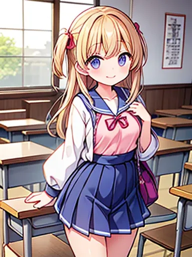 （Japanese schoolgirl）, (小さいchest)+++, （show off）+ chest,classroom,,cute,smile,masterpiece