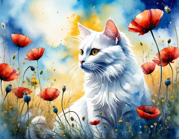 Watercolor and wet ink oil, wind art, etheral atmosphere. Background blue cloudy. Splatters, faerie dust and gold lines. Foreground a beautiful white cat sitting staring in the sky the dandelions seeds as faerie dust with some red poppies and dandelions. I...