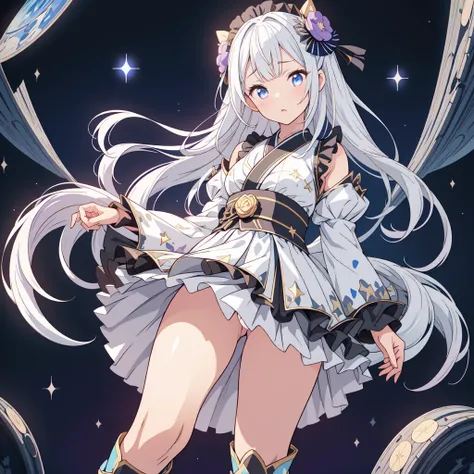 Star Fairy、(masterpiece, best quality), 1girl, 「A beautifully printed galaxy patterned kimono and gothic lolita outfit.、Space pattern box pleated mini skirt with ruffles、Standing in front of the viewer、Knee-high boots、Captivating eyes、Perfect and stunning ...