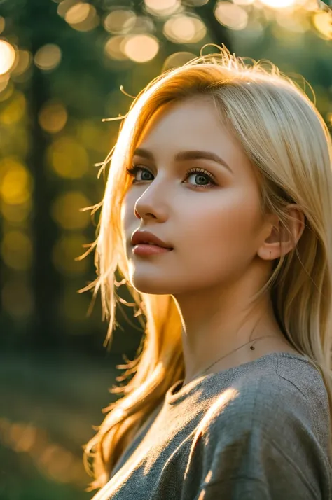 Close-up portrait, sexy ss blonde, parted lips, lips, Casual Dresses, View your viewers, Forest Background, Sunset Light, Realistic