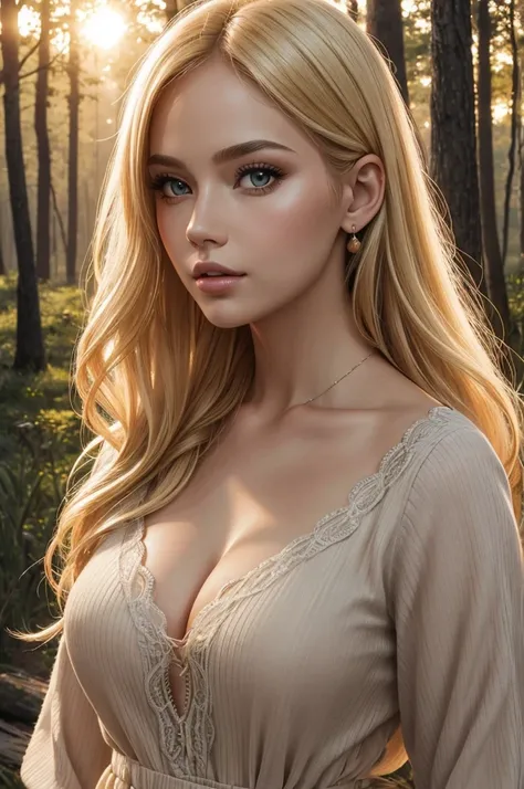 Close-up portrait, sexy ss blonde, parted lips, lips, Casual Dresses, View your viewers, Forest Background, Sunset Light, Realistic