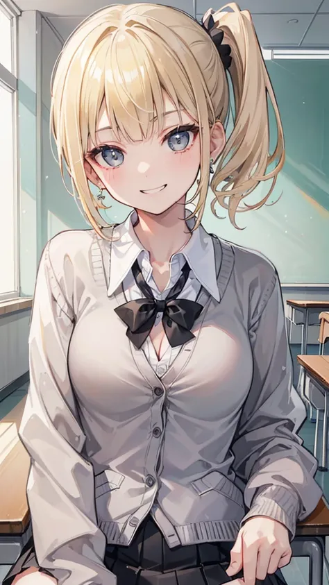 (8k、Best image quality、highest quality、masterpiece)、Detailed face、1 girl、blonde、short hair、((Side Ponytail))、Grey Eyes、Earrings、Wicked Smile、Grin、Mid-chest、((White collared shirt))、Cleavage、((Grey cardigan))、Black pleated skirt、Sit on a chair、Rest your elb...