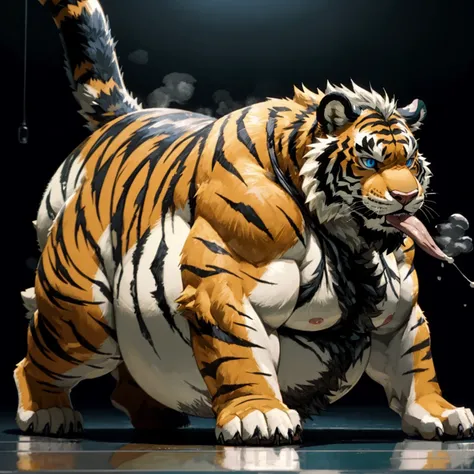 Very obese tiger、Wild ferocious tiger、Animal golden tiger body、Shaggy body hair、Silver shiny mane、Shaggy hair all over the body、Pointed tiger ears、Very short legs、A thick blue hose in his mouth、A very thick blue hose、Very long hose、Big blue anime eyes、A bo...