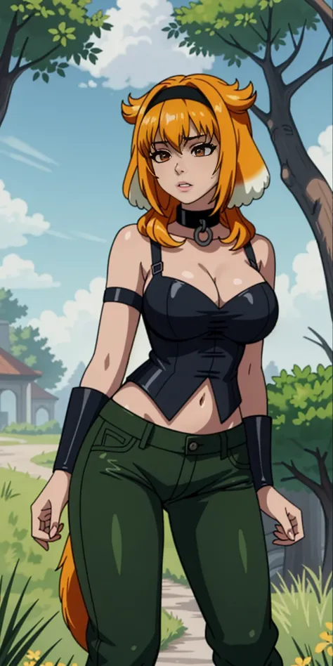 (Roxanne Demin kin 1girl, solo, breasts, large breasts, navel, animal ears, cleavage, tail, hairband, pants, orange hair, collar, dog ears, dog tail, dog girl, black collar, green pants, floppy ears, leather slave collar choker, bracers) (Roxanne | Slave H...