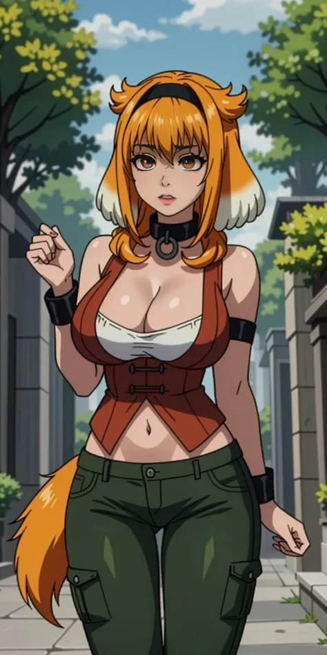 (Roxanne Demin kin 1girl, solo, breasts, large breasts, navel, animal ears, cleavage, tail, hairband, pants, orange hair, collar, dog ears, dog tail, dog girl, black collar, green pants, floppy ears, leather slave collar choker, bracers) (Roxanne | Slave H...