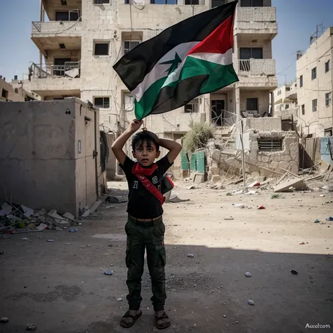 Please create photo for a 7years palestinian kid holding palestine flag and crying in war situation In full screen while bomb flying nearby 