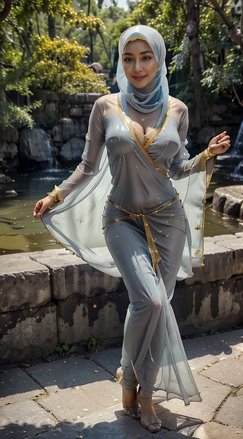 Photorealistic Production, (one Person), (Realistic Image of a 28 Years Korean Female Model), (long pashmina hijab :1.7), (Athletic Body Builds:1.2), (Pale Skin:1.4), (Wearing a grey super transparent Kebaya Dress with short super transparent sarong Cloth ...