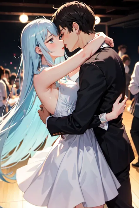 A girl with light blue long hair wearing a dress. On a date with a guy
In a dance club dancing
They kiss