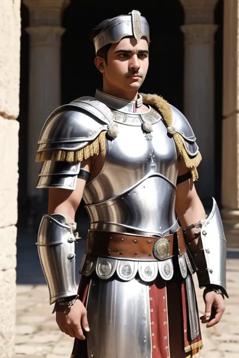 Please design me a Roman centurion with all his armor, que sea fuerte y elegante, y que se muestre en un gran palacio de la epoca, hazlo superealista, gracias