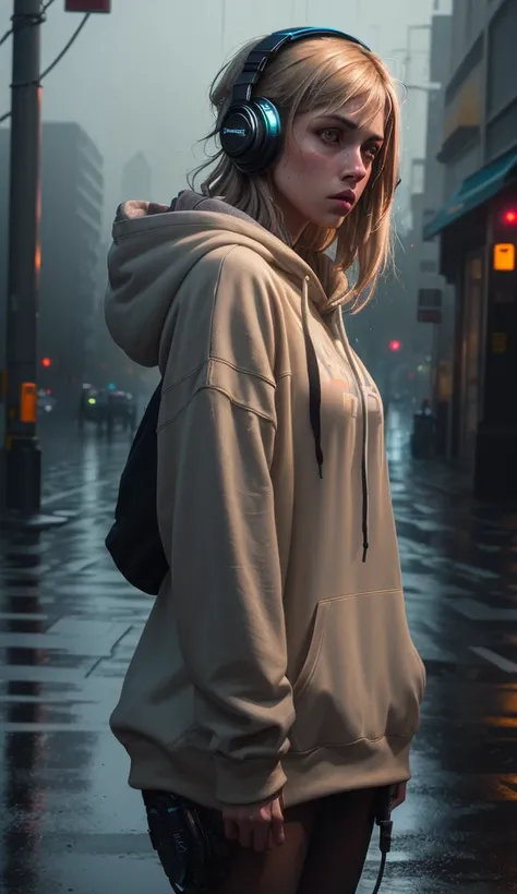 (dark shot:1.1), epic realistic, masterpiece, girl alone, solo, incredibly absurd, hoodie, headphones, street, outdoor, rain, neon,, faded, (neutral colors:1.2), (hdr:1.4), (muted colors:1.2), hyperdetailed, (artstation:1.4), cinematic, warm lights, dramat...