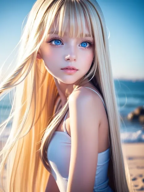 Shining blonde dancing in front of a pretty face、Long silky bangs over the eyes、Bright pale white sky blue eyes、Very beautiful highlights of the eyes、Long blonde hair on face、Super long straight silky hair、Super long, flowing blonde hair that shines with b...