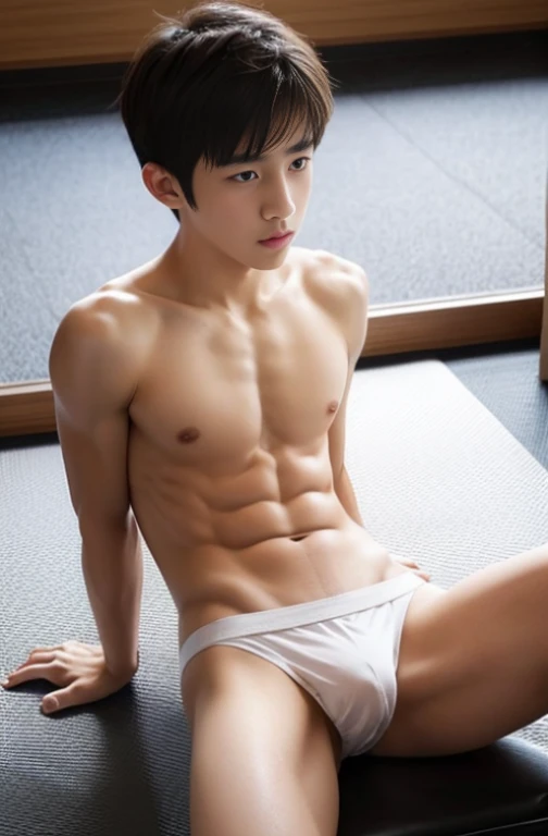 Kawahara, beautiful boy, cute boy, Japanese boy, skinny, 15 years old, shirtless, jockstrap, white briefs, sexy pose, erotic, spread legs, sitting in gym, naked, exposed, back view