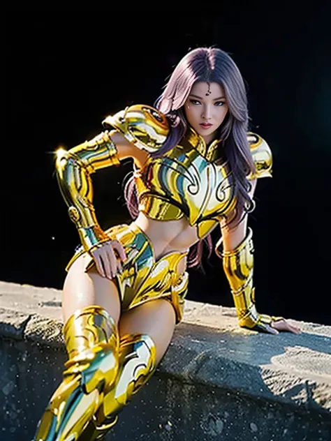 super high saturation（masterpiece）， full body image，（best quality）， （1 girl），purple hair,  wearing shining golden armor， sexy li...