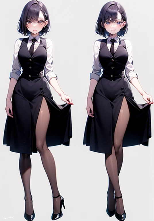 ((Perfect Face)),Purple Hair,short hair,1 female,bartender,,Black vest,A shirt with rolled up sleeves,tie,skirt,slit,High heels,,((Simple Background)),((smile)),((Full Body)),((full body)),Character portrait,Character sheet,upright,