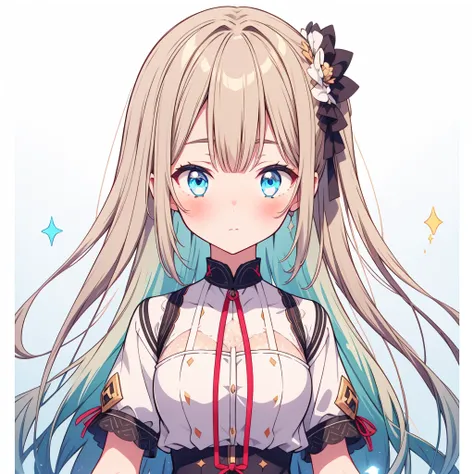 vtuber-halfbody、masterpiece、Best Quality、Best illustrations、Super detailed、Upper Body、solo、1 girl、looking at the camera、upright、Arms at your sides、Beautiful detailed eyes、Concept Art、Bangs shorter than eyebrows、from the front、White background、Simple Backgr...