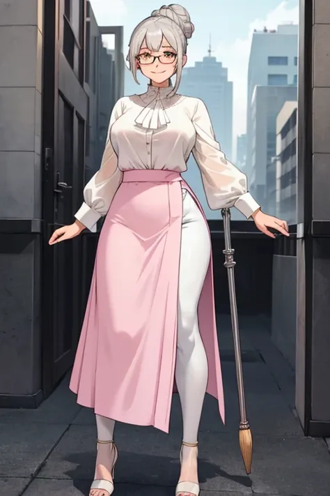 female, grey hair in a bun, yellow eyes, (((1girl))), (((white blouse))), (pink long skirt), (pale pink shawl), (black heels), (glasses with chain), (grey pantyhose), (cane), full body, large breasts, large butt, long legs, smiling, older woman