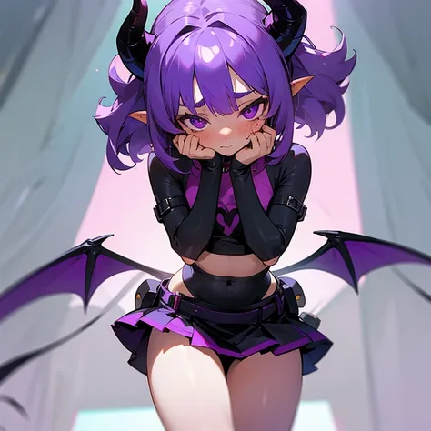 Young succubus. Mini skirt. Horns. No wings. Shy. Blush. Teenage. Purple hair. Crop top