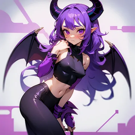 Young succubus. Leggings. Horns. No wings. Shy. Blush. Teenage. Purple hair. Crop top