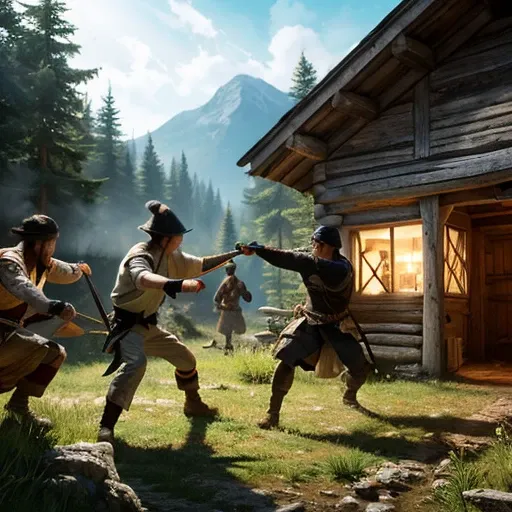 masterpiece, Very detailed, Ultra-realistic, Detailed Background, Bright lighting, lighting,, (A swordsman fighting bandits in a square surrounded by forest), (Mountain hut), (Wide-angle),