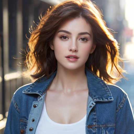 ((Medium Chest, Long Hair, Small Head)), Dawn, sunlight, (Defined Abs: 1.1), (Perfect body: 1.1), (Short Wavy Hair: 1.2), Auburn Hair, collar, Lock, Full body photo, Shabby Street, Wearing a black tank top, Denim jacket, ((Shorts)), (Highly detailed CG 8k ...