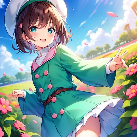 Sweet and cute chubby ,alone,,Chibi,Adorable,smile,Open your mouth,Floral,Exterior,Beautiful garden,The sun shines,Blue sky and white clouds,A flock of geese flying in the sky,play the guitar,music,beret,With a guitar,coat,Blush Lash,wood,Green Shirt,Long ...