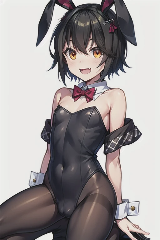 (masterpiece, highest quality:1.2, Upper Body:1.2), One boy, alone, Mashiro, Black Hair, Orange eyes, smile, Hair Clip,flat chest,blush，（Smirk，open mouth） ,clavicle, Off the shoulder, ,playboy bunny,rabbit ears, black rabbit ears, fake rabbit ears, pantyho...