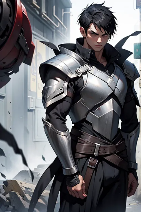 short black hair , badass , full ancient armor