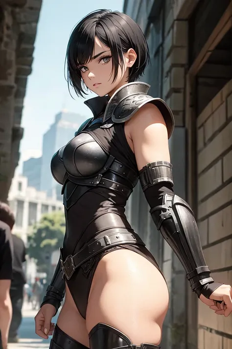 mulher jovem,short black hair , badass , full ancient armor,coxas torneadas
