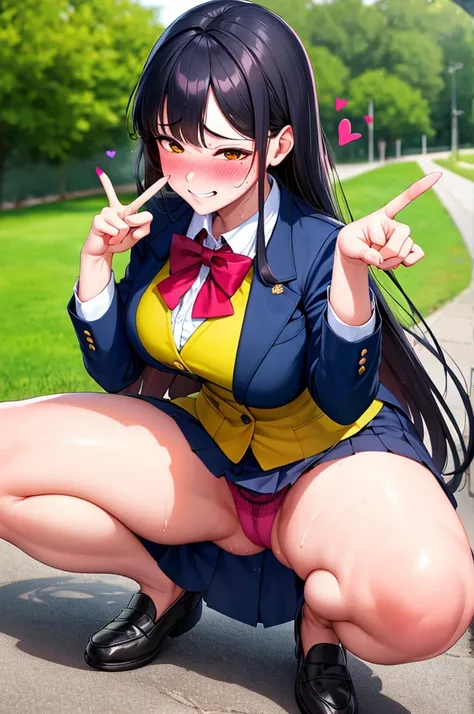 (nsfw),masterpiece,ultra detailed,sharp focus,4k digital art,high resolution,peeing,(realistic),(v sign with both hands:1.5),(aroused and blushed:1.7),(peeing),tareme,(adult beautiful face,curvy adult body),(from below,upskirt:1.2),(navy blazer:1.3),dress ...