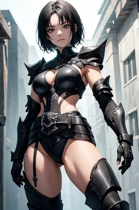 mulher jovem,short black hair , badass , full ancient armor,coxas torneadas,sorriso meligno
